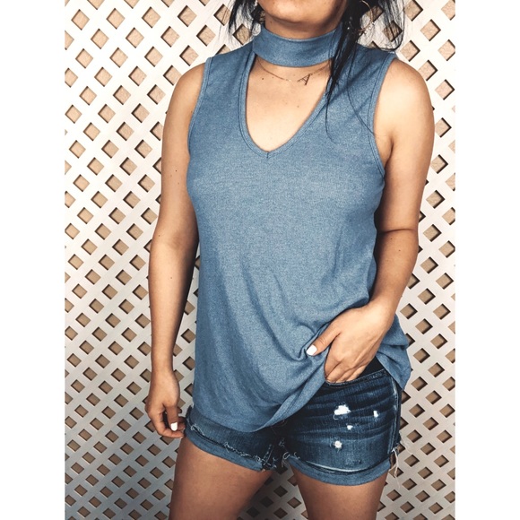 Green Envelope Tops - Blue Choker Knit Top